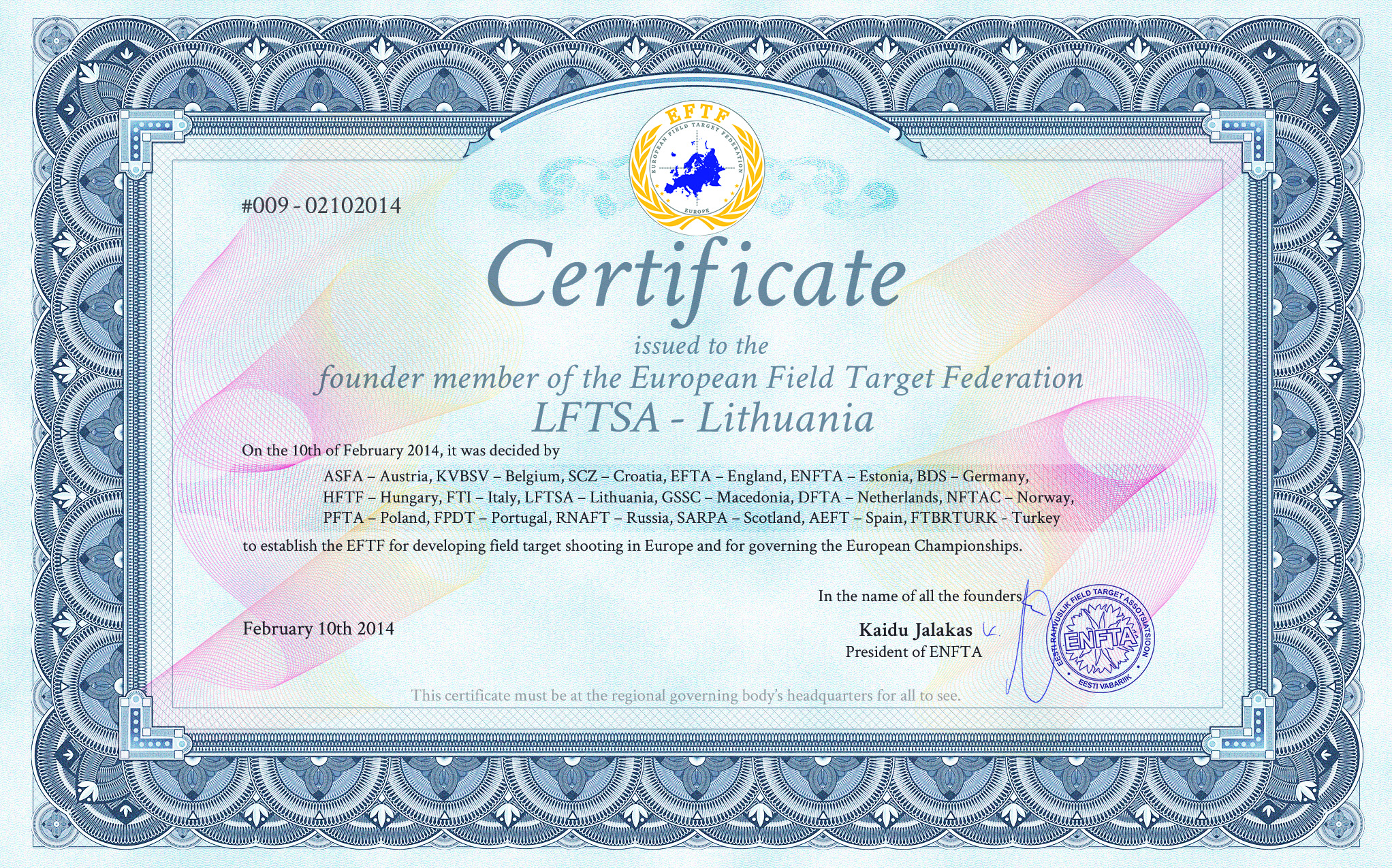 EFTF founder certificate for LFTSA - Lithuania.jpg